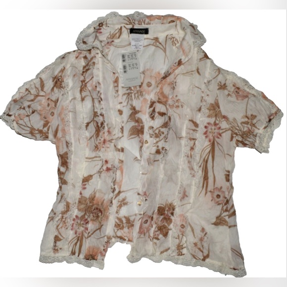 APANAGE GERMANY NEW NWT SIZE 14 L LARGE IVORY FLORAL PRINT RUFFLE LACE BLOUSE - Picture 2 of 7